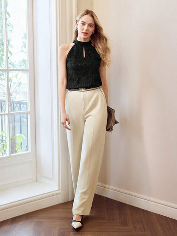 MOTF PREMIUM KEYHOLE NECK EMBROIDERY FLORAL PATTERN CONTRAST SEQUIN SLEEVELESS BLOUSE