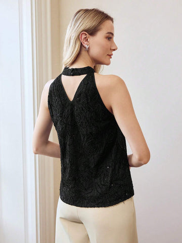 MOTF PREMIUM KEYHOLE NECK EMBROIDERY FLORAL PATTERN CONTRAST SEQUIN SLEEVELESS BLOUSE