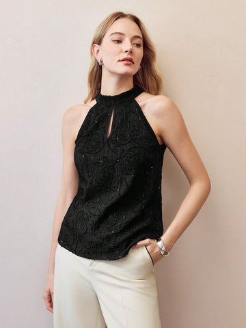 MOTF PREMIUM KEYHOLE NECK EMBROIDERY FLORAL PATTERN CONTRAST SEQUIN SLEEVELESS BLOUSE