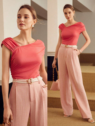 MOTF PREMIUM KNITTED IRREGULAR SHOULDER RUCHED WOMEN'S T-SHIRT