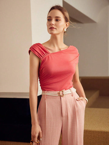 MOTF PREMIUM KNITTED IRREGULAR SHOULDER RUCHED WOMEN'S T-SHIRT