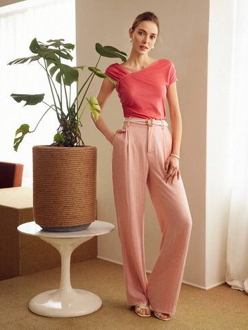 MOTF PREMIUM KNITTED IRREGULAR SHOULDER RUCHED WOMEN'S T-SHIRT