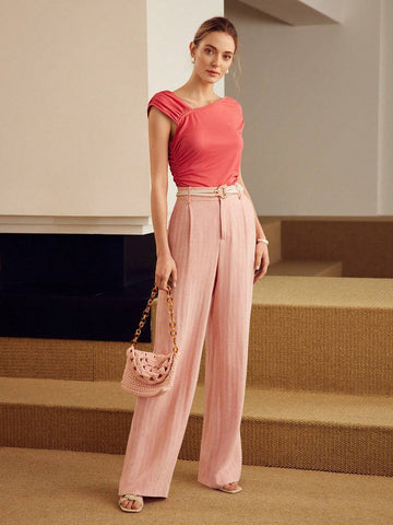 MOTF PREMIUM KNITTED IRREGULAR SHOULDER RUCHED WOMEN'S T-SHIRT