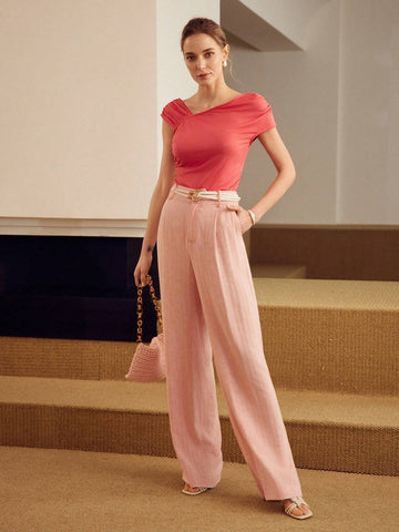 MOTF PREMIUM KNITTED IRREGULAR SHOULDER RUCHED WOMEN'S T-SHIRT