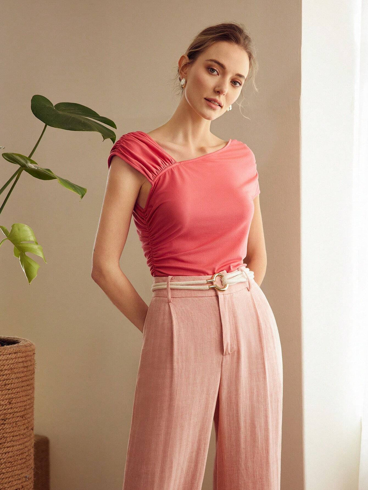 MOTF PREMIUM KNITTED IRREGULAR SHOULDER RUCHED WOMEN'S T-SHIRT