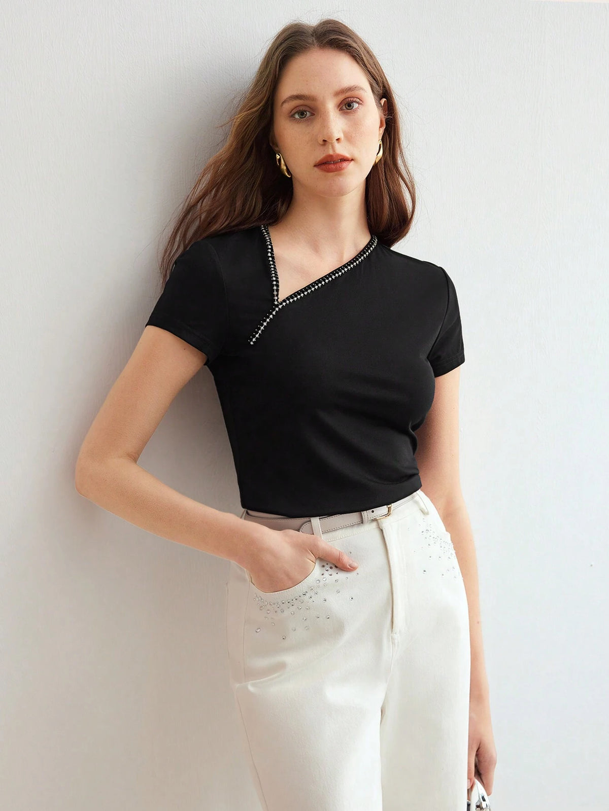 MOTF PREMIUM KNITTED WOMEN'S IRREGULAR SHOULDER RHINESTONE TEE