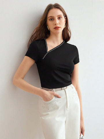 MOTF PREMIUM KNITTED WOMEN'S IRREGULAR SHOULDER RHINESTONE TEE