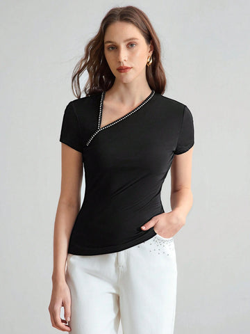 MOTF PREMIUM KNITTED WOMEN'S IRREGULAR SHOULDER RHINESTONE TEE