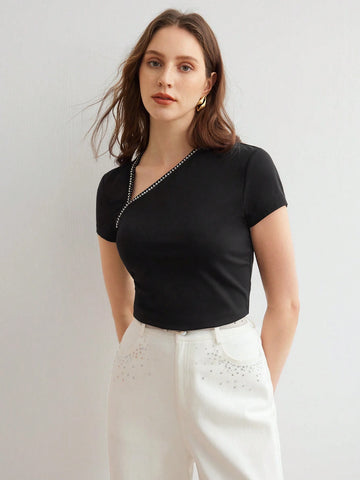 MOTF PREMIUM KNITTED WOMEN'S IRREGULAR SHOULDER RHINESTONE TEE