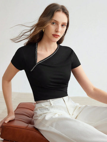 MOTF PREMIUM KNITTED WOMEN'S IRREGULAR SHOULDER RHINESTONE TEE