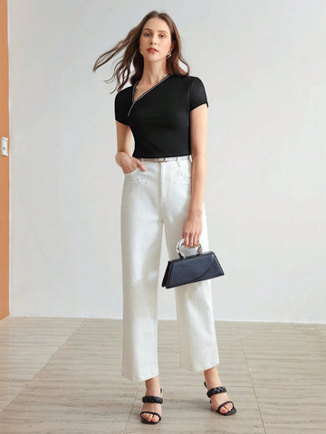 MOTF PREMIUM KNITTED WOMEN'S IRREGULAR SHOULDER RHINESTONE TEE