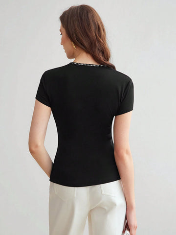 MOTF PREMIUM KNITTED WOMEN'S IRREGULAR SHOULDER RHINESTONE TEE