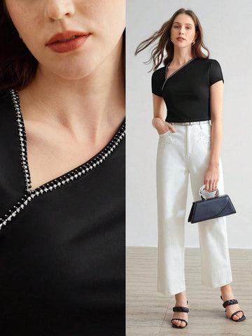 MOTF PREMIUM KNITTED WOMEN'S IRREGULAR SHOULDER RHINESTONE TEE