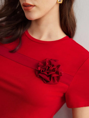 MOTF PREMIUM KNITTED WOMEN'S SOLID COLOR TEE WITH 3D FLOWER DECORATION