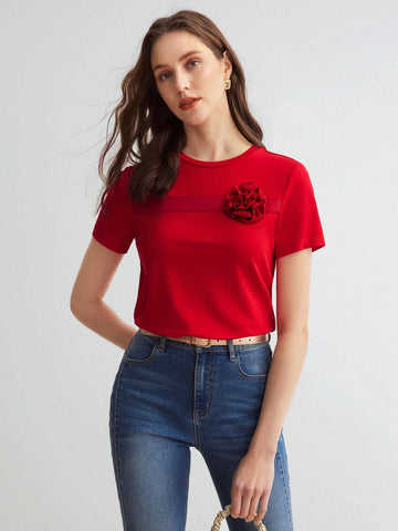 MOTF PREMIUM KNITTED WOMEN'S SOLID COLOR TEE WITH 3D FLOWER DECORATION