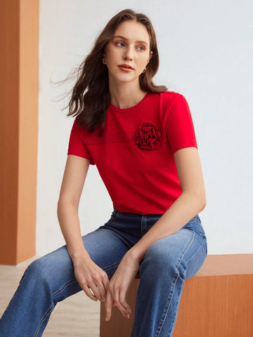MOTF PREMIUM KNITTED WOMEN'S SOLID COLOR TEE WITH 3D FLOWER DECORATION