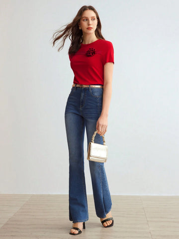 MOTF PREMIUM KNITTED WOMEN'S SOLID COLOR TEE WITH 3D FLOWER DECORATION