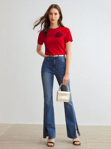 MOTF PREMIUM KNITTED WOMEN'S SOLID COLOR TEE WITH 3D FLOWER DECORATION