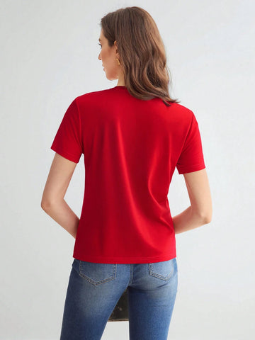 MOTF PREMIUM KNITTED WOMEN'S SOLID COLOR TEE WITH 3D FLOWER DECORATION