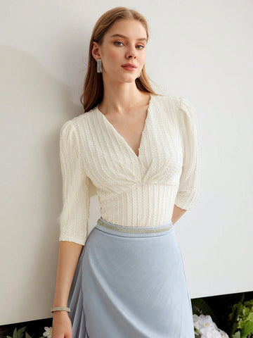 MOTF PREMIUM KNITTED WOMEN'S V-NECK SOLID TEXTURED T-SHIRT