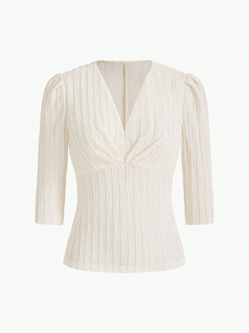 MOTF PREMIUM KNITTED WOMEN'S V-NECK SOLID TEXTURED T-SHIRT