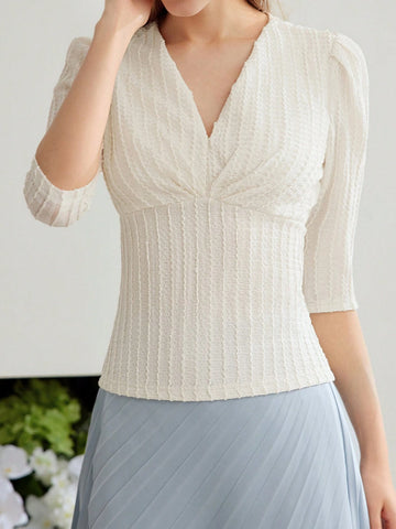 MOTF PREMIUM KNITTED WOMEN'S V-NECK SOLID TEXTURED T-SHIRT