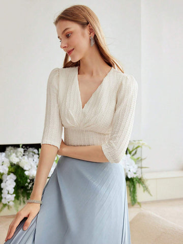 MOTF PREMIUM KNITTED WOMEN'S V-NECK SOLID TEXTURED T-SHIRT