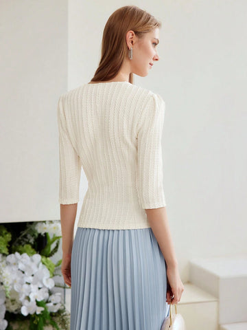 MOTF PREMIUM KNITTED WOMEN'S V-NECK SOLID TEXTURED T-SHIRT