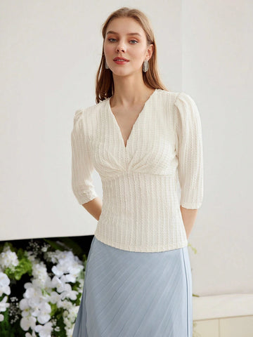 MOTF PREMIUM KNITTED WOMEN'S V-NECK SOLID TEXTURED T-SHIRT