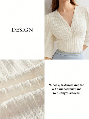 MOTF PREMIUM KNITTED WOMEN'S V-NECK SOLID TEXTURED T-SHIRT