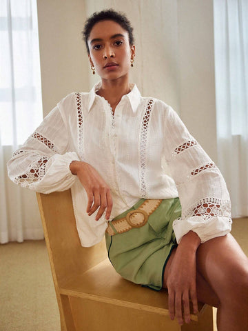 MOTF PREMIUM LANTERN SLEEVE LACE INSERT SHIRT & CONTRAST BINDING SHORTS SET