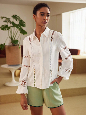 MOTF PREMIUM LANTERN SLEEVE LACE INSERT SHIRT & CONTRAST BINDING SHORTS SET