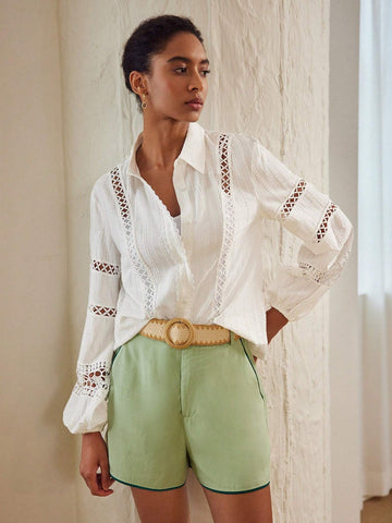 MOTF PREMIUM LANTERN SLEEVE LACE INSERT SHIRT & CONTRAST BINDING SHORTS SET