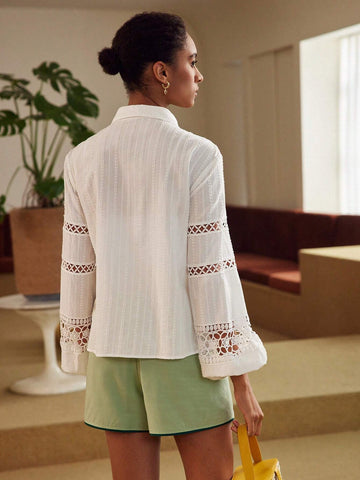 MOTF PREMIUM LANTERN SLEEVE LACE INSERT SHIRT & CONTRAST BINDING SHORTS SET