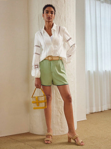 MOTF PREMIUM LANTERN SLEEVE LACE INSERT SHIRT & CONTRAST BINDING SHORTS SET