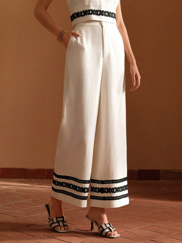 MOTF PREMIUM LINEN CONTRAST LACE DETAIL WIDE LEG PANTS