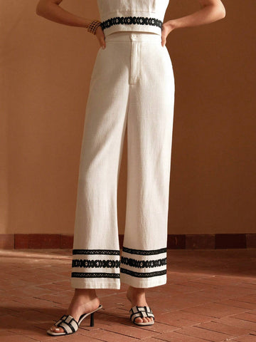 MOTF PREMIUM LINEN CONTRAST LACE DETAIL WIDE LEG PANTS