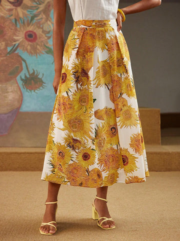 MOTF PREMIUM LINEN FLORAL PRINT FOLD PLEATED SKIRT