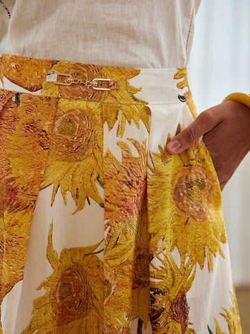 MOTF PREMIUM LINEN FLORAL PRINT FOLD PLEATED SKIRT
