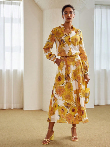 MOTF PREMIUM LINEN FLORAL PRINT FOLD PLEATED SKIRT
