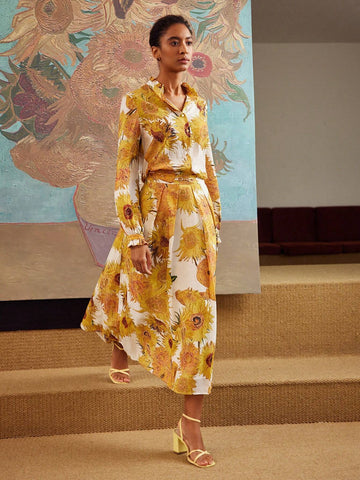 MOTF PREMIUM LINEN FLORAL PRINT FOLD PLEATED SKIRT