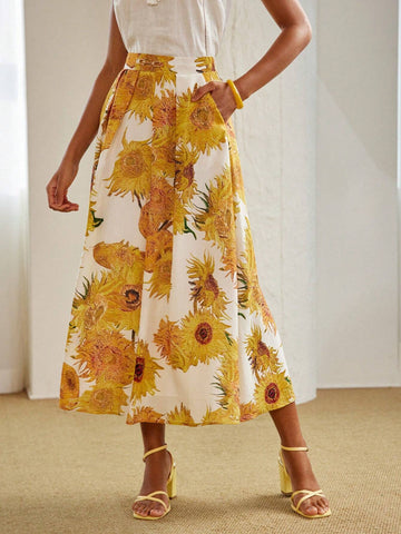 MOTF PREMIUM LINEN FLORAL PRINT FOLD PLEATED SKIRT