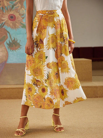 MOTF PREMIUM LINEN FLORAL PRINT FOLD PLEATED SKIRT