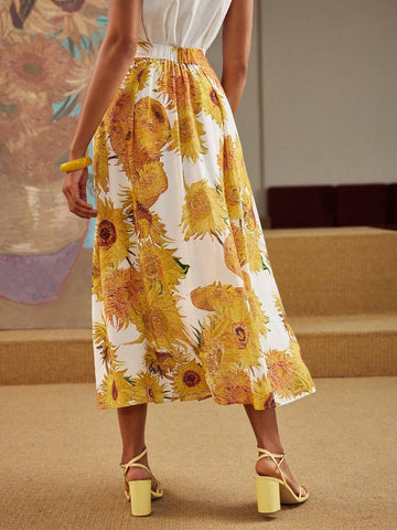 MOTF PREMIUM LINEN FLORAL PRINT FOLD PLEATED SKIRT