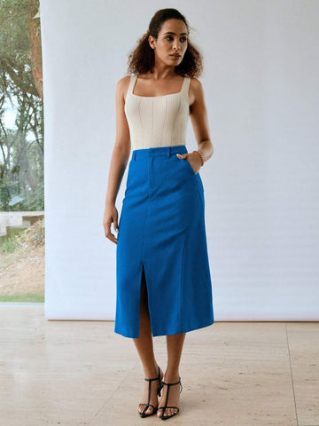 MOTF PREMIUM LINEN SOLID SLANT POCKET SPLIT HEM STRAIGHT SKIRT