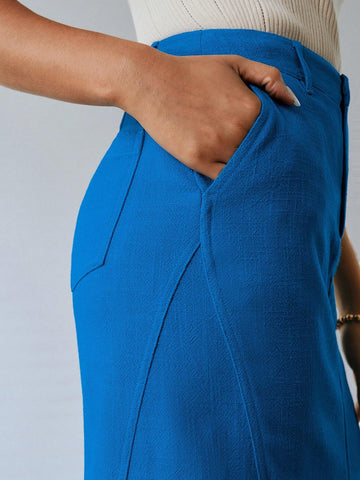 MOTF PREMIUM LINEN SOLID SLANT POCKET SPLIT HEM STRAIGHT SKIRT