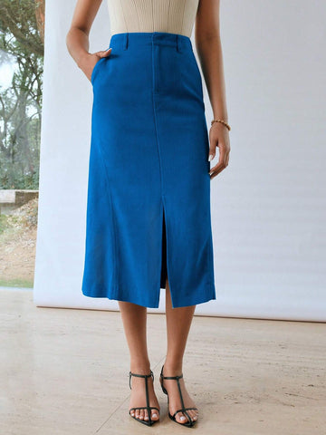 MOTF PREMIUM LINEN SOLID SLANT POCKET SPLIT HEM STRAIGHT SKIRT