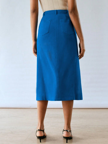 MOTF PREMIUM LINEN SOLID SLANT POCKET SPLIT HEM STRAIGHT SKIRT