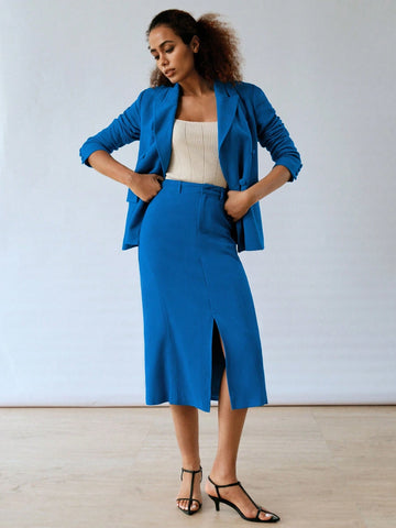 MOTF PREMIUM LINEN SOLID SLANT POCKET SPLIT HEM STRAIGHT SKIRT