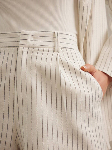 MOTF PREMIUM LINEN STRIPED PRINT SLANT POCKET FOLD PLEATED SHORTS